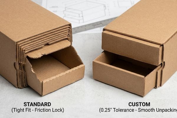 Braune Wellpapp-Schubladenboxen veranschaulichen die standardmäßige, passgenaue Reibungsverriegelung im Vergleich zur kundenspezifischen, 0,25 Zoll Toleranz für ein reibungsloses Auspacken.