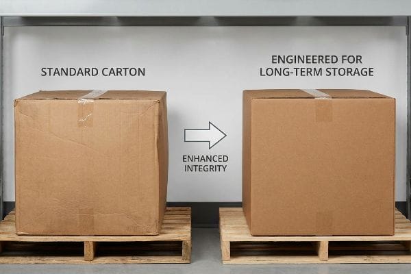 Cartons: Standard vs. Engineered Two cardboard boxes on pallets: a Standard Carton and one Engineered For Long-Term Storage, demonstrating Enhanced Integrity.