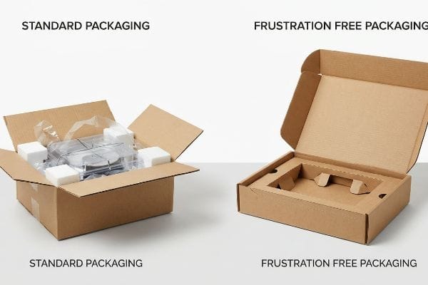 茶色の段ボール箱は、EPSフォームとプラスチックラップを使用した標準パッケージングを示しており、フラストレーションフリーパッケージングの単一素材の段ボール製インサートとは対照的である。.