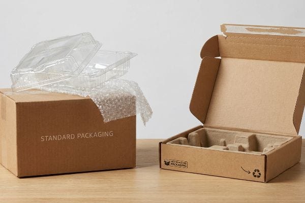 Standard vs FFP Packaging Comparing Standard Packaging with plastic and bubble wrap, to an open Frustration Free Packaging box with a molded pulp insert.