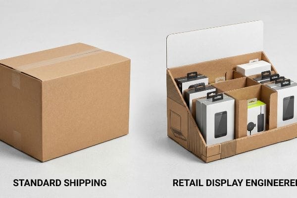 Comparing a Standard Shipping cardboard box to a Retail Display Engineered merchandiser with product boxes.