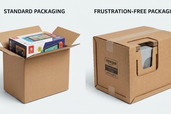 Brown corrugated boxes show Standard Packaging with a Nintendo Switch, and Amazon Frustration-Free Packaging with a die-cut opening.