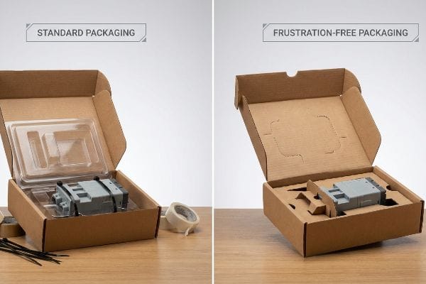 Brown corrugated boxes compare Standard Packaging with a plastic blister pack and zip ties securing an electronic component, versus Frustration-Free Packaging using integrated corrugated inserts.