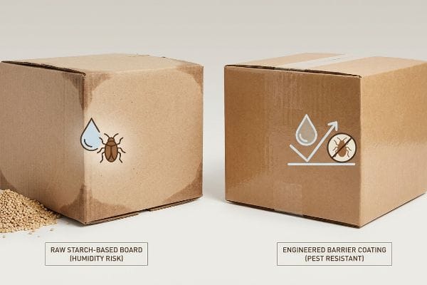 Vergleich der Verpackungsfeuchtigkeit und Schädlinge Eine feuchte Schachtel aus roher Stärke mit Symbolen für Feuchtigkeit und Kakerlaken steht im Kontrast zu einer trockenen Schachtel mit technischer Barrierebeschichtung, die Feuchtigkeits- und Schädlingsresistenz demonstriert.
