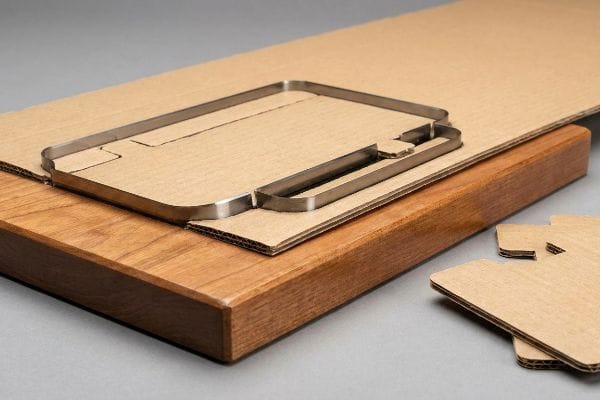 Steel Rule Die Cutting Steel rule die with sharp metal blades positioned on corrugated cardboard, resting on a wooden block.