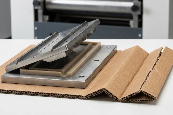 Steel rule die and female creasing matrix on cracked corrugated board, illustrating paper fiber stretch.