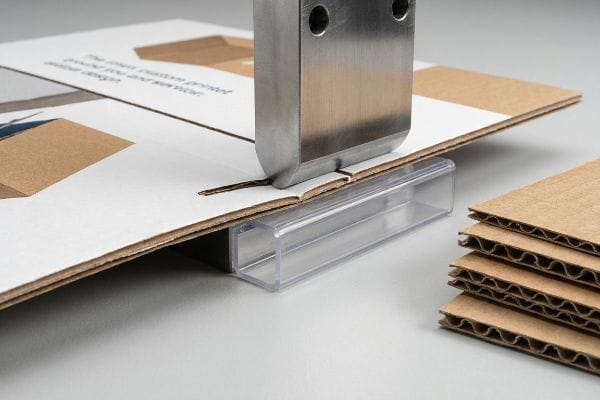 Steel rule die scores 'The Smart Custom Printed Your Brand' corrugated board with a polymer creasing matrix.