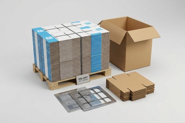 PopDisplay MOQ Production An industrial setting displays 500 Unit Moq-Popdisplay corrugated units on a pallet, alongside an open box, flat dividers, and a steel-rule die-cut tool.
