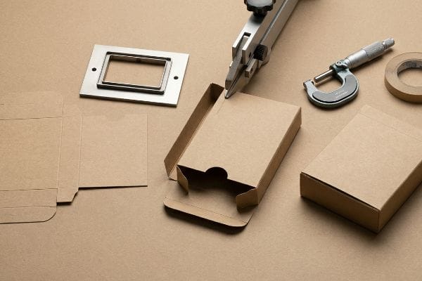 Tuck Box Production Tools Brown kraft paperboard tuck box dieline and assembled boxes, with a steel rule die, micrometer, and tape, for precision packaging creasing and cutting.
