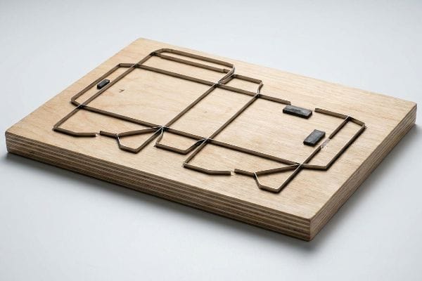 Steel Rule Die Board Plywood die-cut board with embedded steel rule blades forming a box template, featuring small black rubber ejectors.