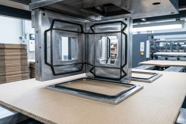 Steel Rule Die Cutting Precision steel rule dies with ejector rubber on corrugated cardboard for die-cut display box manufacturing.