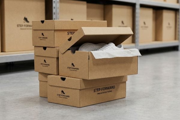 A warehouse stack of Step Forward Premium Footwear cardboard shoe boxes, one open displaying a white sneaker.