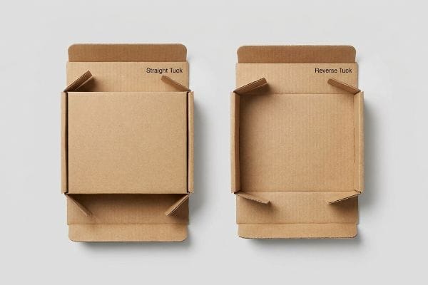 Two open brown corrugated boxes display Straight Tuck and Reverse Tuck closures, showing flap folding mechanisms.