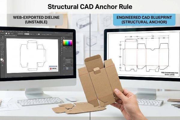 Zwei Monitore zeigen eine aus dem Web exportierte Stanzform (instabil) im Vergleich zu einer konstruierten CAD-Zeichnung (struktureller Anker) mit einer vorgefertigten PDF-Basisschicht, daneben eine Hand, die einen braunen Karton hält.