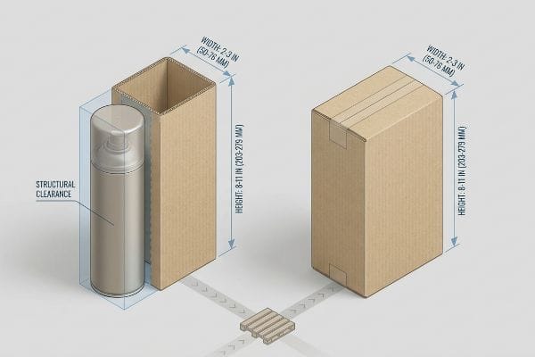 Packaging dimensions are shown for an aerosol can in an open box and a closed box, highlighting Structural Clearance, Width: 2-3 in (50-76 mm), and Height: 8-11 in (203-279 mm).