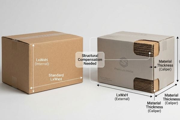 Corrugated boxes compare internal LxWxH to external, showing structural compensation for material thickness caliper.