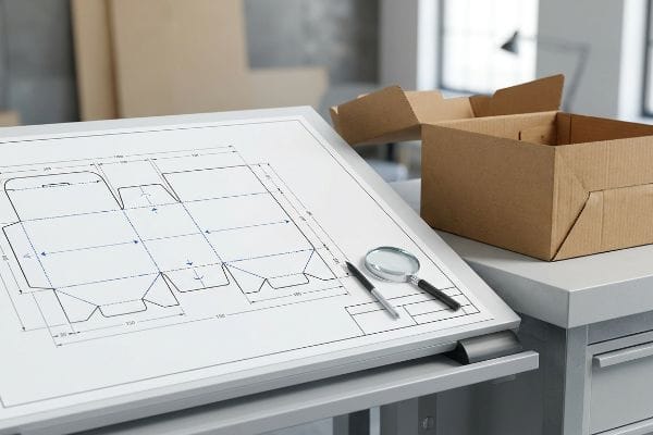 A detailed blueprint of a packaging dieline with a magnifying glass and pen on a drafting table, next to an open corrugated box.