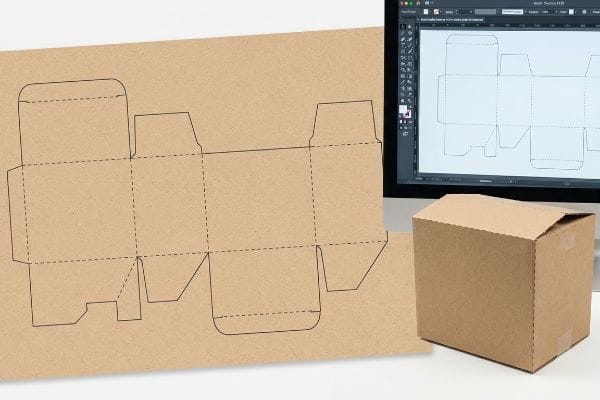 Brown paperboard structural dieline next to a folded cardboard box and a computer screen displaying a 2D vector box template.