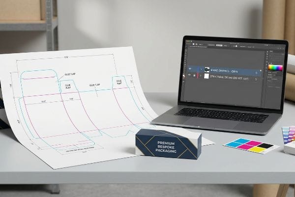 Paper dieline for bespoke packaging, laptop showing Brand Graphics and Structural Dieline, plus a Premium Bespoke Packaging box.