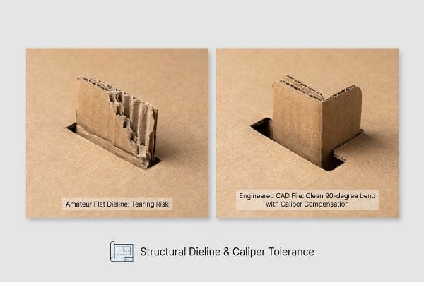 Two corrugated cardboard examples demonstrate Amateur Flat Dieline tearing risk versus Engineered CAD File with clean 90-degree bend and Caliper Compensation.