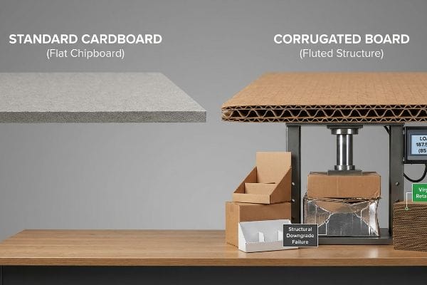Structural Downgrade Failure Test Gray flat chipboard contrasted with brown fluted corrugated board, demonstrating a hydraulic press crushing a box at 187.5 lbs (85 kg), labeled Structural Downgrade Failure.