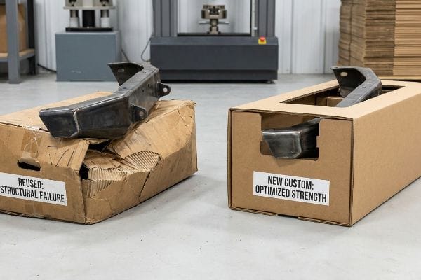 Optimized Packaging Strength Damaged corrugated box, 'Reused: Structural Failure', holds a metal auto part, contrasted with a new box, 'New Custom: Optimized Strength', for shipping.