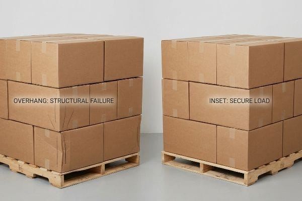 Brown corrugated boxes on pallets compare "Overhang: Structural Failure" with "Inset: Secure Load," showing proper load support.