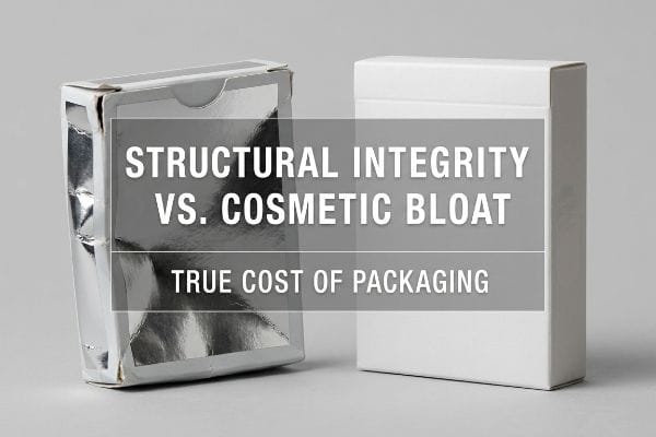 Packaging Cost Bloat Crumpled shiny silver foil box next to a pristine white paperboard box, highlighting Structural Integrity Vs. Cosmetic Bloat, True Cost of Packaging.