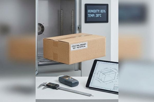 Brown cardboard box, 'Structural Integrity Test - Prototype #4', in a climate chamber at 85% humidity, 30°C. Digital caliper, handheld meter, and CAD drawing on table.