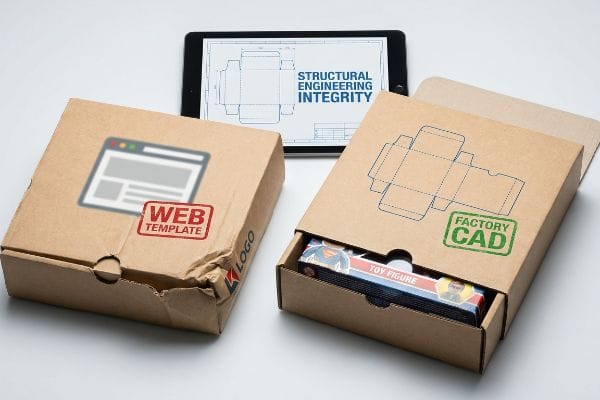 Packaging Design Comparison Cardboard boxes with Web Template and Factory Cad stamps, alongside a tablet showing Structural Engineering Integrity dieline.