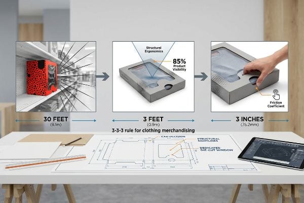 3-3-3ルール・マーチャンダイジング 赤い模様の小売用ボックス、85%の製品視認性と構造的人間工学を示す灰色のパッケージ、そしてCAD設計図を用いた衣料品販売における3-3-3ルールを説明する衣服を操作する手。.