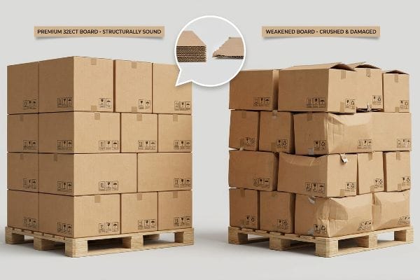 Premium 32ECT board boxes, structurally sound, stand tall next to a collapsed stack of weakened, crushed, and damaged cardboard, illustrating board integrity.