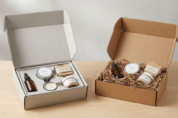 Structured light gray wellness box with custom insert for Candle, Natural Soap, Body Scrub, and dropper, next to a brown kraft box with crinkle paper.