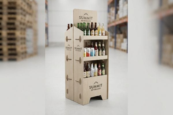 A light wood-colored foldable display stand for Summit Beverages, showcasing various bottled and canned beverages on three tiers in a warehouse.