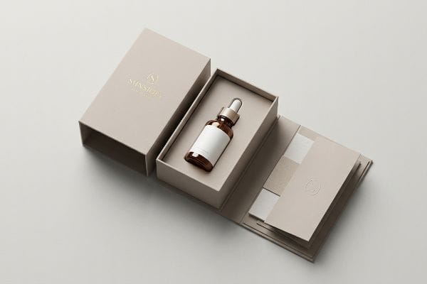 Sunsight Cosmetic Box An elegant beige cosmetic box with gold foil 'Sunsight' logo reveals an amber dropper bottle and folded brochure, premium packaging.
