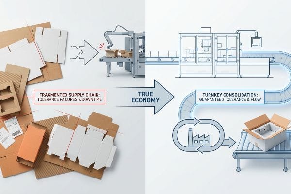 Disassembled packaging and a struggling robotic arm depict Fragmented Supply Chain issues, contrasting with smooth Turnkey Consolidation for Guaranteed Tolerance & Flow, highlighting True Economy.