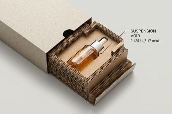 Suspension Void Packaging Corrugated cardboard insert suspending a glass dropper bottle within an open paperboard box, highlighting the 0.125 in (3.17 mm) Suspension Void.