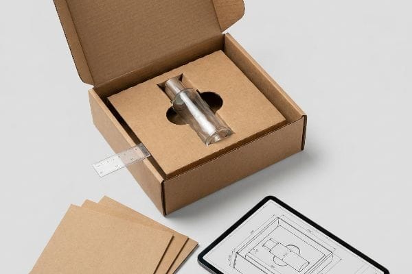 Ecommerce Packaging Design Brown ecommerce packaging box with a die-cut corrugated insert, a glass bottle, ruler, and a CAD blueprint for suspension void design.