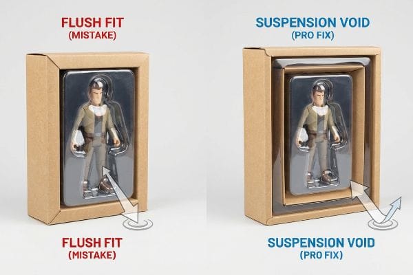Suspension Void Packaging Fix Two brown kraft paperboard boxes display action figure packaging: a Flush Fit (Mistake) with direct impact, and a Suspension Void (Pro Fix) for kinetic impact absorption.