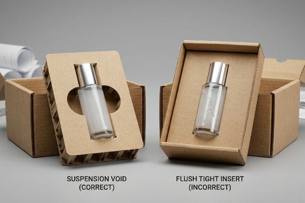 Corrugated paperboard inserts: Suspension Void (Correct) protects glass bottle; Flush Tight Insert (Incorrect) shows cracked bottle.