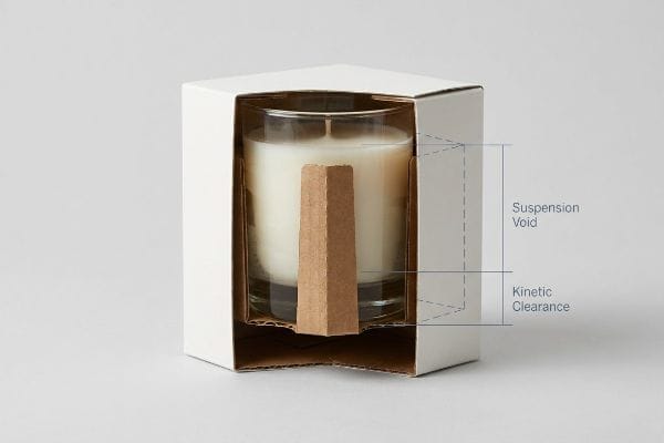 Candle Packaging Suspension Void White folding carton, glass candle, brown corrugated insert, illustrating 'Suspension Void' and 'Kinetic Clearance' for protective packaging.
