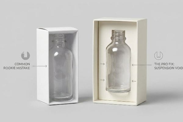Weiße Verpackungskartons, einer mit der Aufschrift „Häufiger Anfängerfehler“ und einer dicht verschlossenen Glasflasche, der andere mit der Profi-Lösung: Federungsloch.