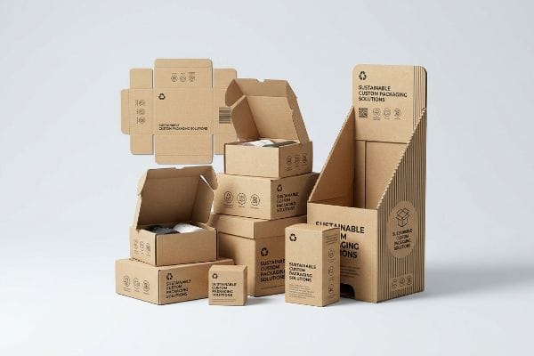 Showcasing various brown corrugated cardboard packaging and a display stand, featuring "Sustainable Custom Packaging Solutions."