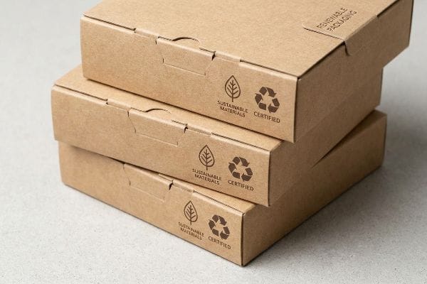 Three stacked brown kraft paperboard boxes feature 'Sustainable Materials' and 'Certified' labels, with 'Renewable Packaging' on the top box.