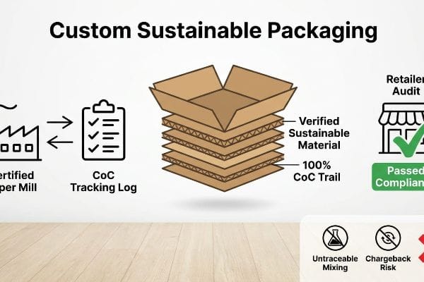 Corrugated packaging diagram illustrating the CoC tracking process from verified sustainable material to 100% CoC trail, ensuring passed retailer compliance for custom sustainable packaging.