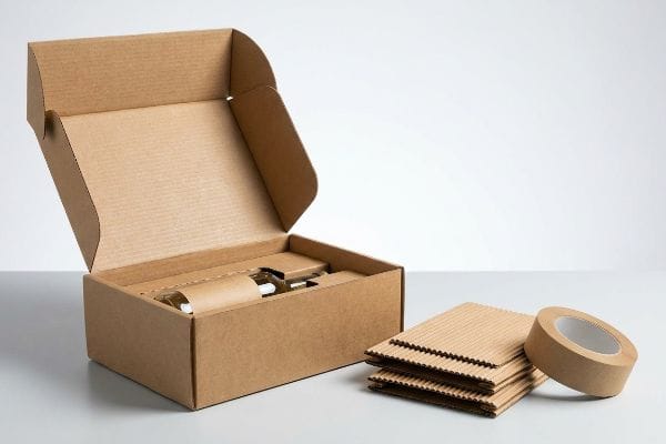 Sustainable Corrugated Packaging Brown corrugated cardboard gift box with protective inserts, paper tape, and flat sheets for sustainable, mono-material packaging.