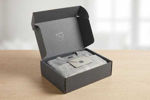 Open Clothing Box Unboxing An open dark grey corrugated box holds a light grey sweater, tissue paper, and a wax-sealed envelope, with a Nordic logo on the lid.