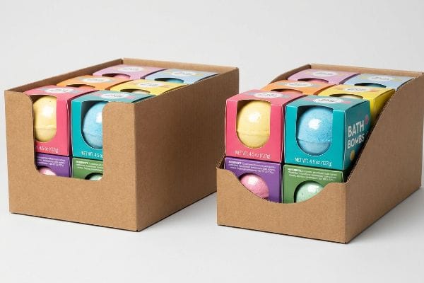 Swooped Bath Bomb Trays Brown corrugated display trays with swooped front profiles showcase colorful bath bomb boxes, revealing 'Bath Bombs' and 'Net Wt 4.5 oz (127g)'.