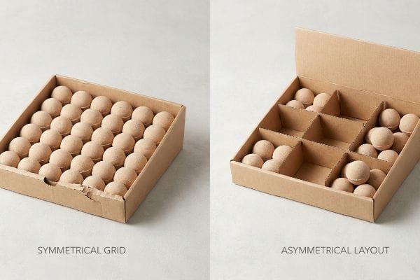 Symmetrical Asymmetrical Packaging Kraft paperboard trays display bath bombs in a Symmetrical Grid versus a 3-5-7 Asymmetrical Layout for retail packaging.