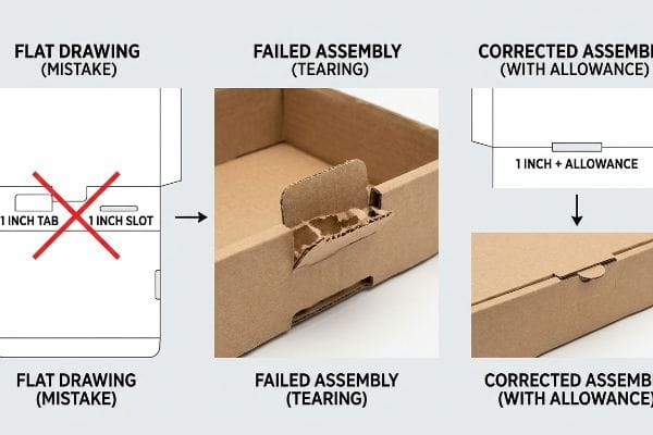 Packaging Assembly Mistakes Corrected Corrugated board comparison: Flat Drawing Mistake (1 Inch Tab, 1 Inch Slot) causes Failed Assembly (Tearing), contrasted with Corrected Assembly (With Allowance).